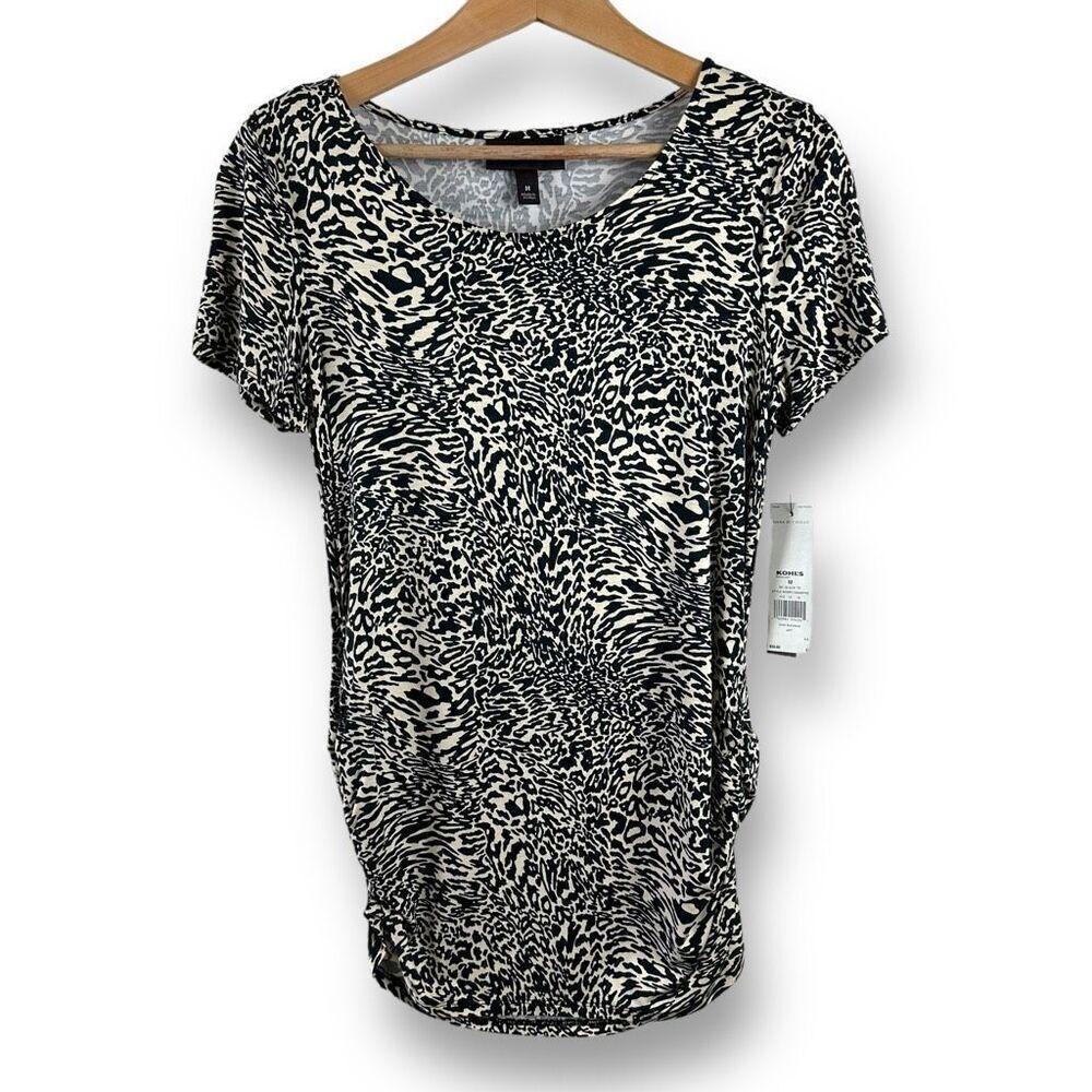 Donna Buchman Women's M Side Scrunch Leopard Print Blouse Black Tan Stretchy New